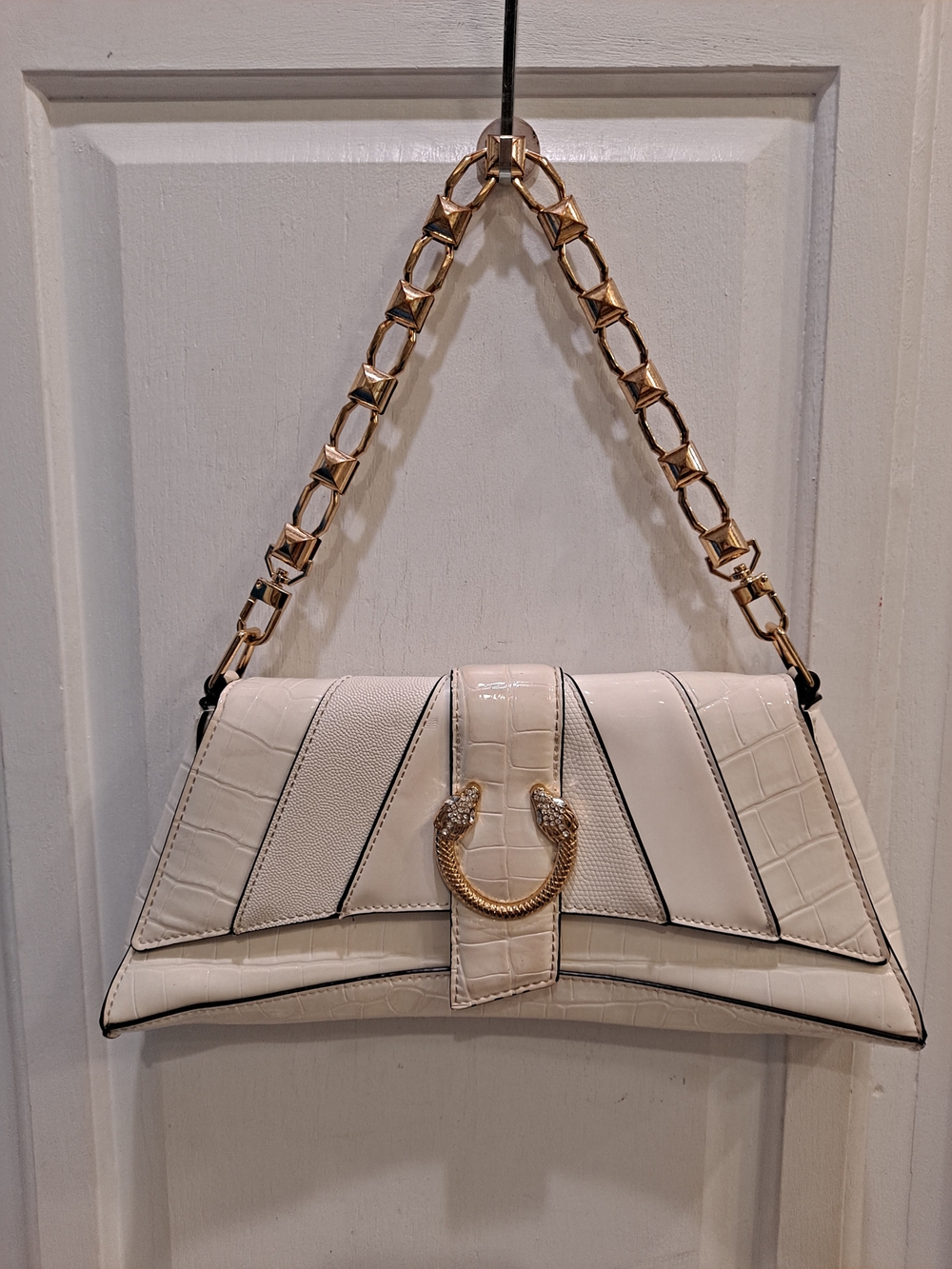 Aldo Scylla Cream Shoulder Bag with Gold Chain & Snake-Head Clasp Croc Snake